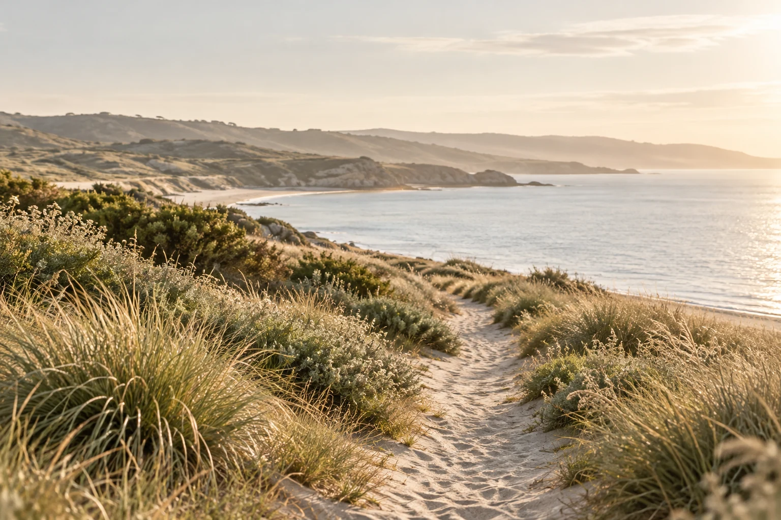 A quiet path through soft coastal grasses beside calm water