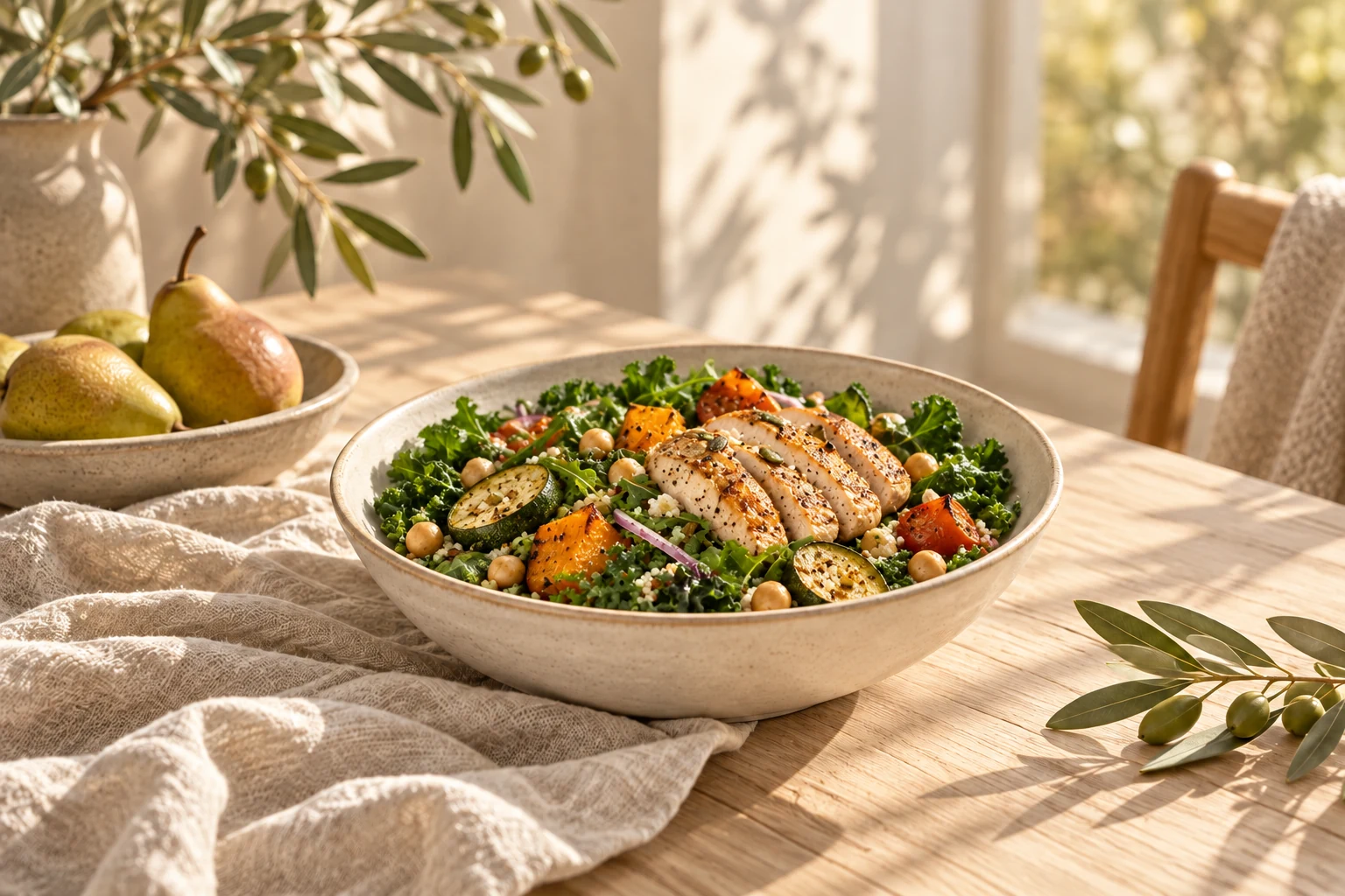 A bowl with leafy greens, vegetables, a modest serving of chicken, and a small amount of grains on a warm wooden table