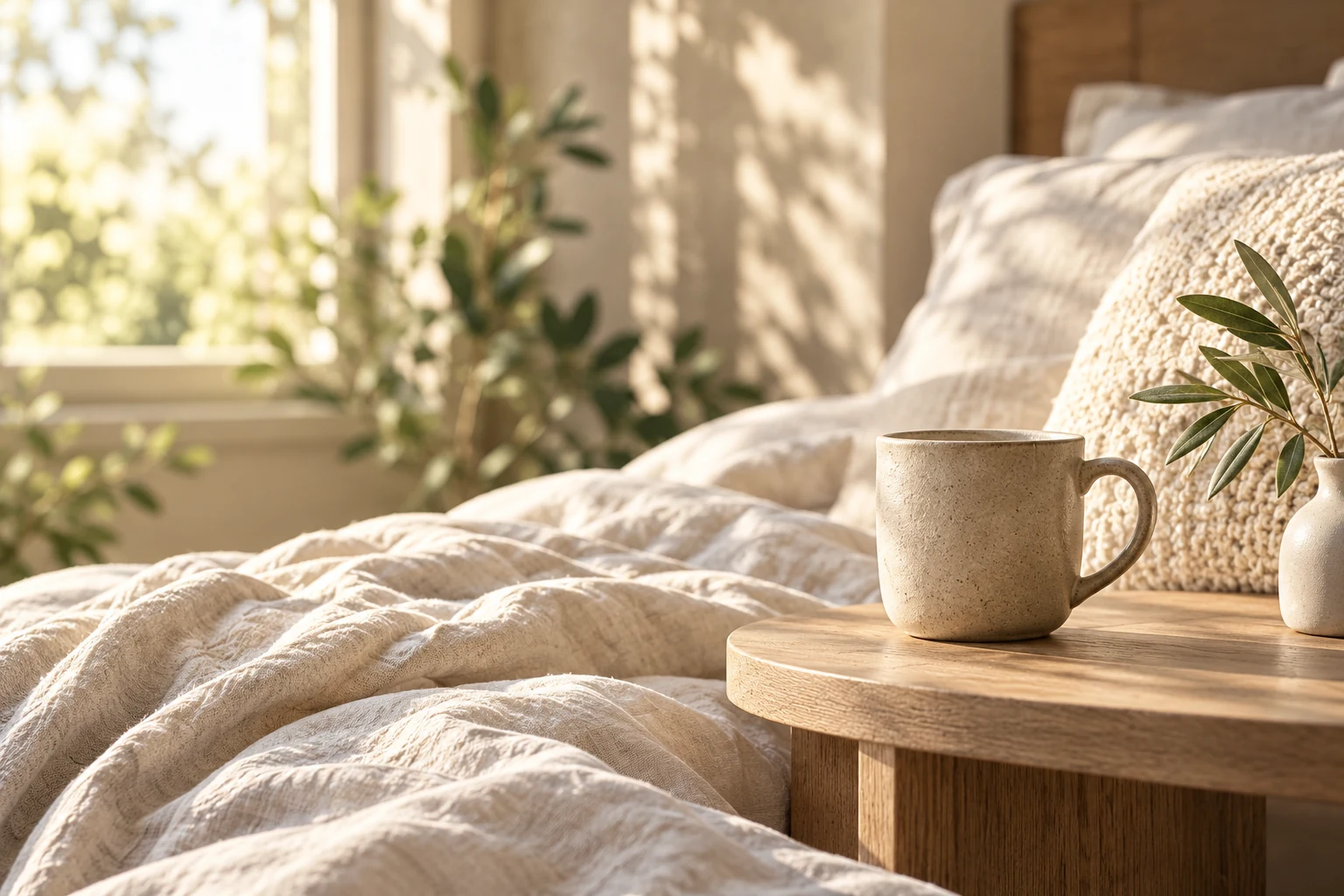 Soft oatmeal linen and a ceramic mug in a quiet, sunlit bedroom